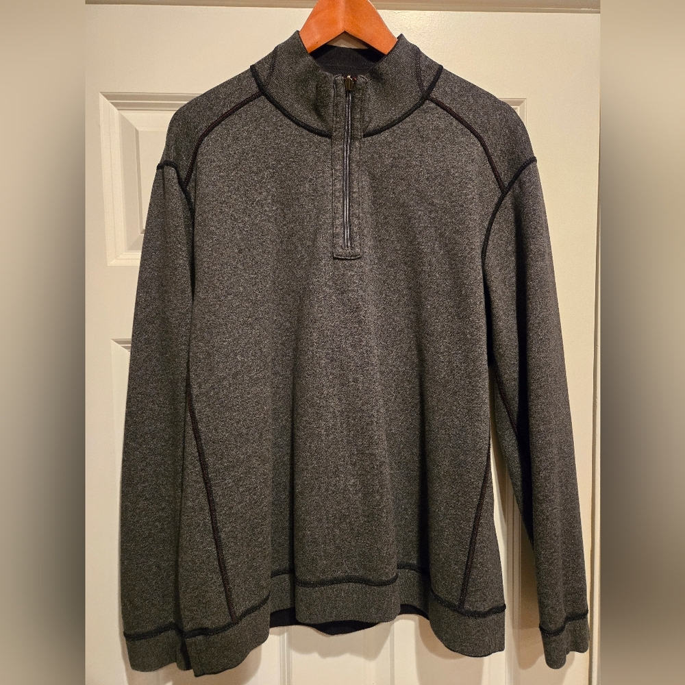 Tommy Bahama 1/2 zip, half zip reversable sweatshirt. Men's Large. grey & black